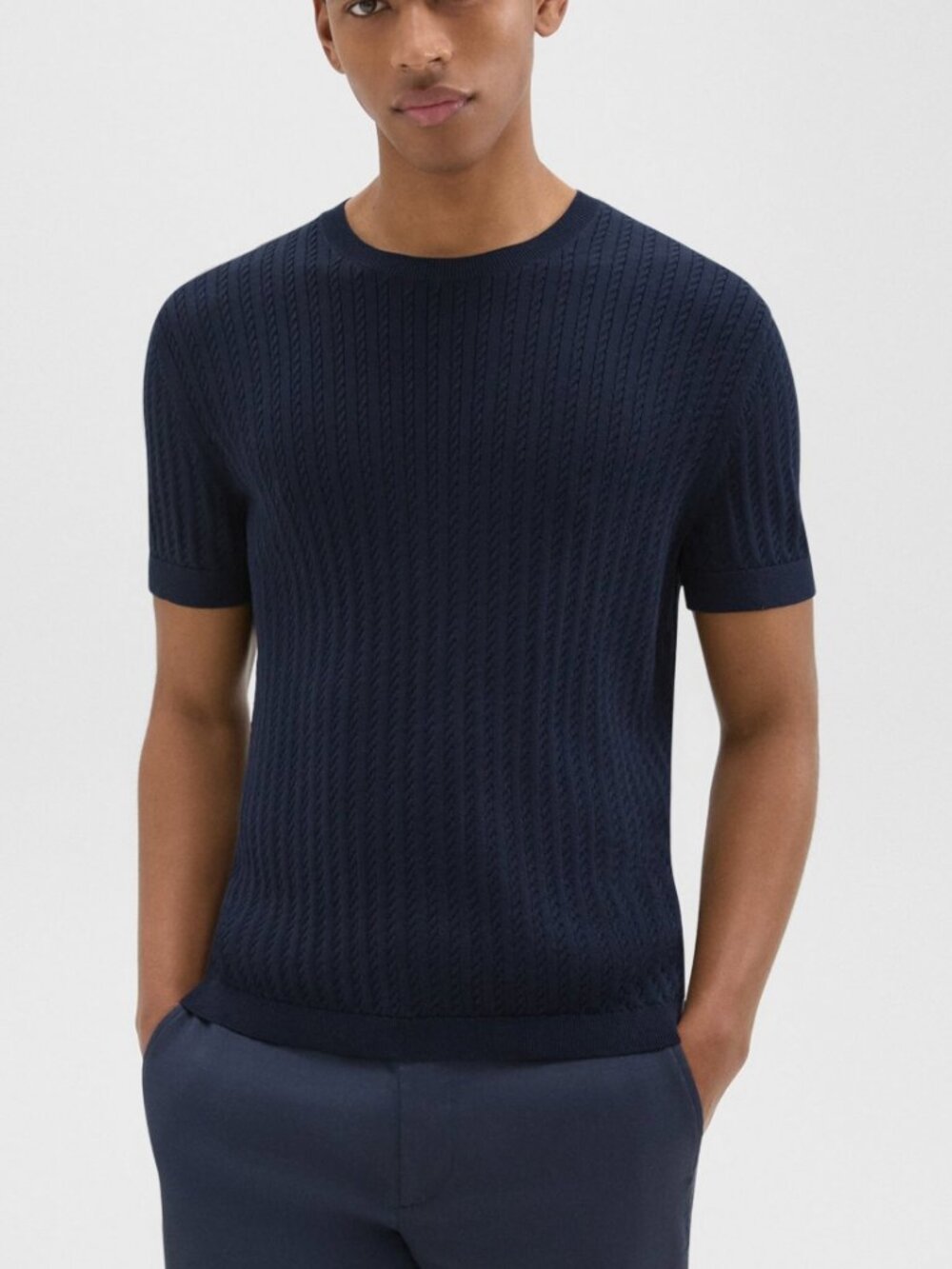 Theory Cable Knit Tee in Cotton XS Baltic Navy